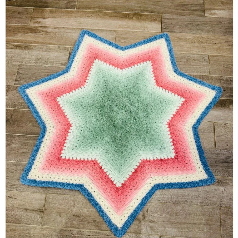 Handmade Vintage Crochet Star Blanket Afghan Throw Fuzzy Pink Blue White Green